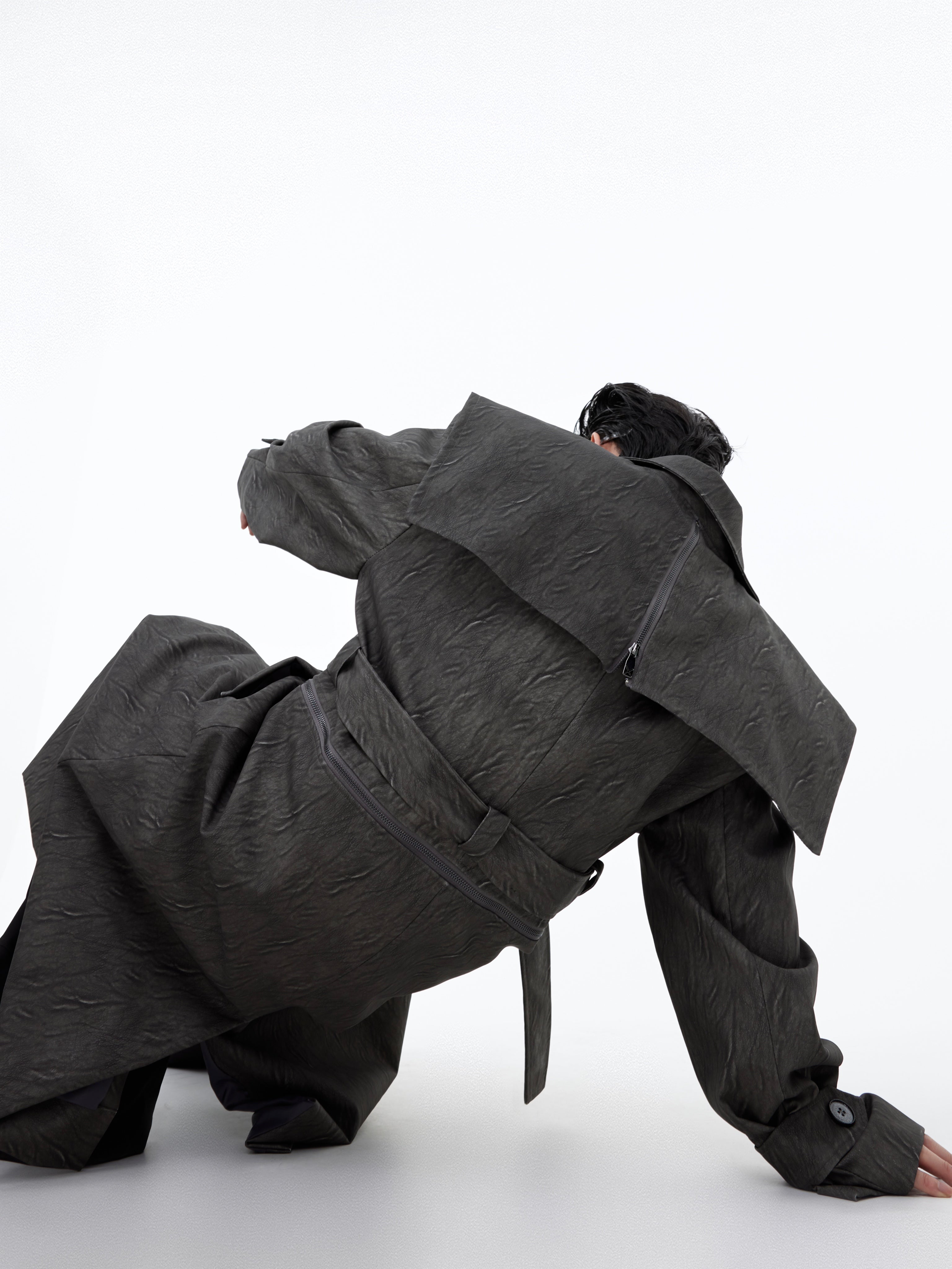 【23s September.】Crackled Textured Detachable Jacket Trench Coat-IYAMIUIO