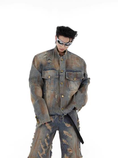 【23s August.】Distressed Denim Jacket Ripped Jeans-IYAMIUIO