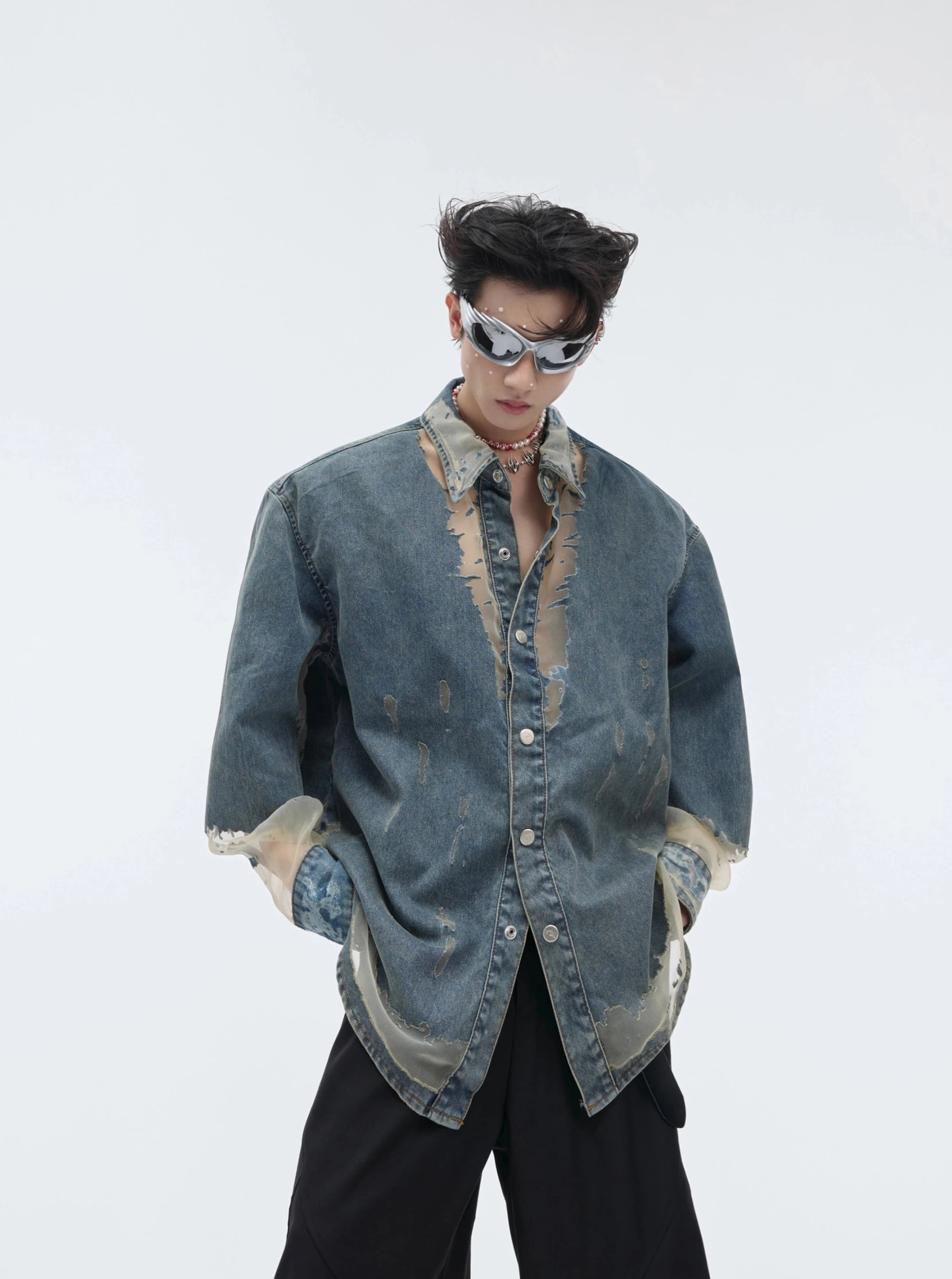 【24s April.】Mesh Hollow Design Denim Shirt-IYAMIUIO