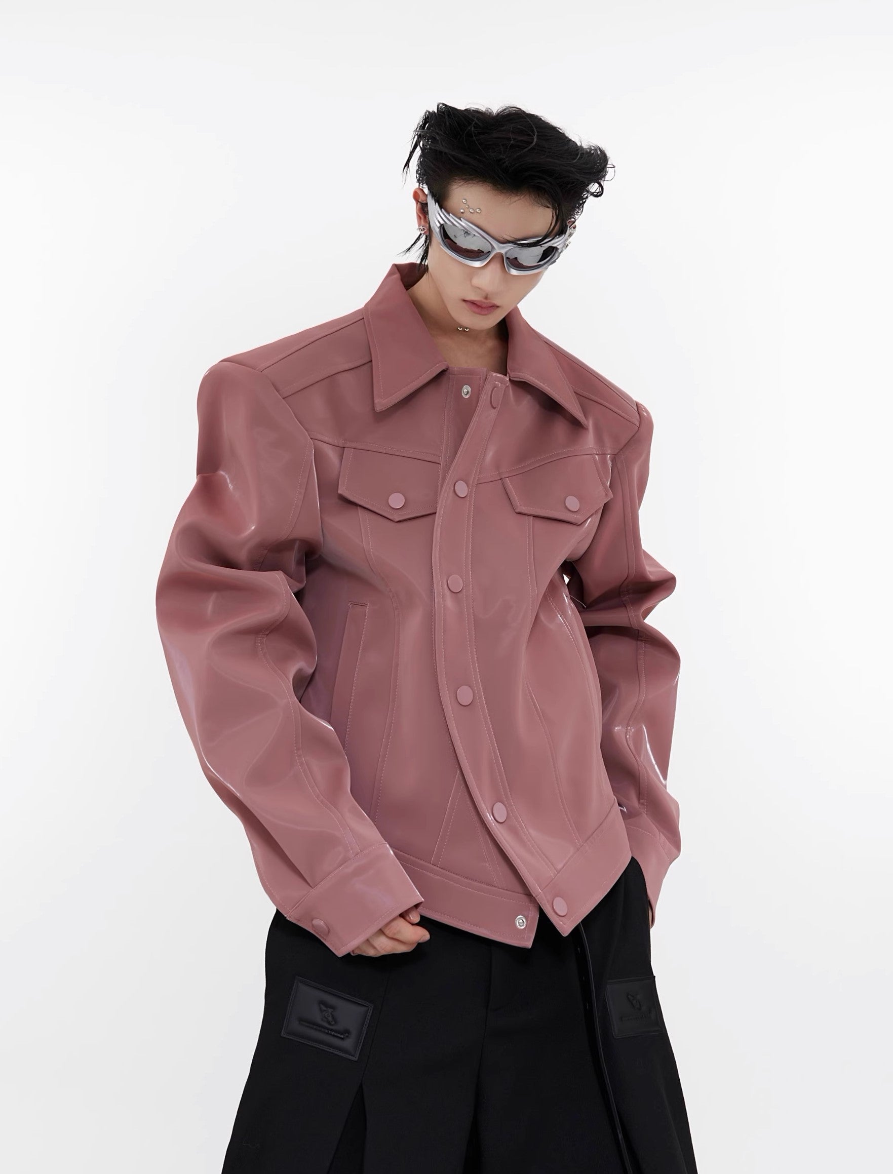 【23s August. 】Liquid Shoulder Pad PU Jacket-IYAMIUIO