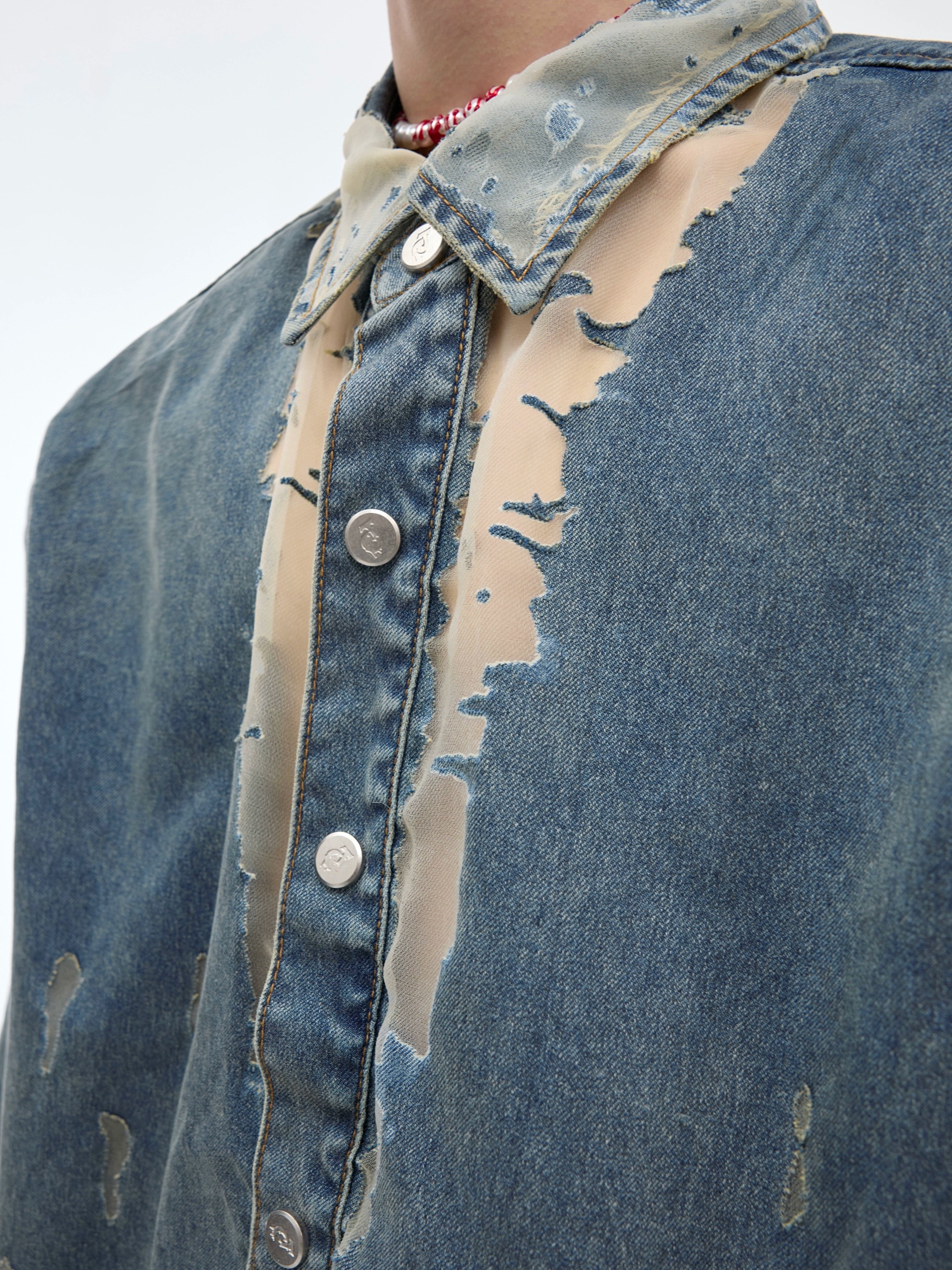 【24s April.】Mesh Hollow Design Denim Shirt-IYAMIUIO