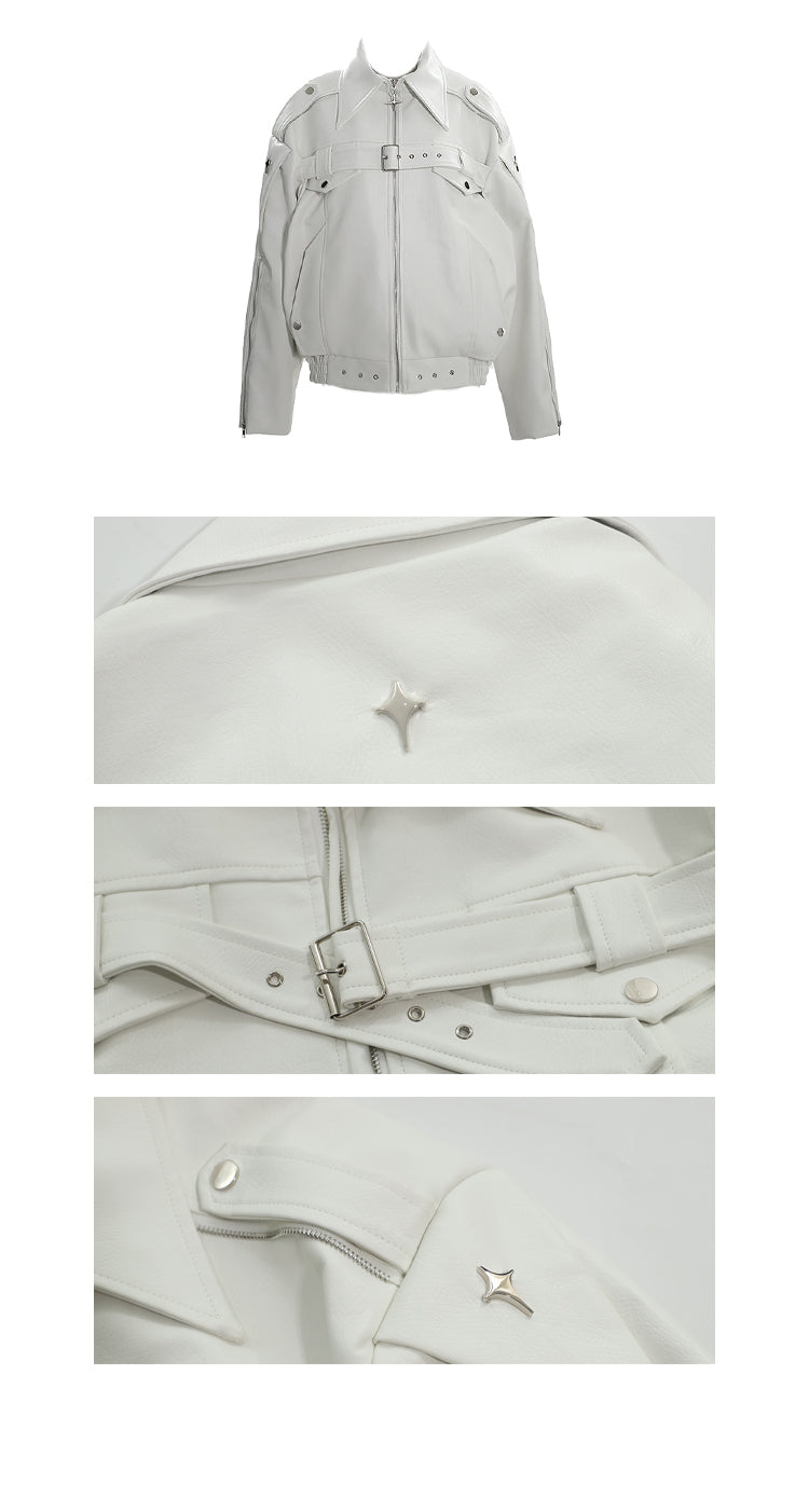 【23s August.】Minimalist Metallic Leather Jacket-IYAMIUIO