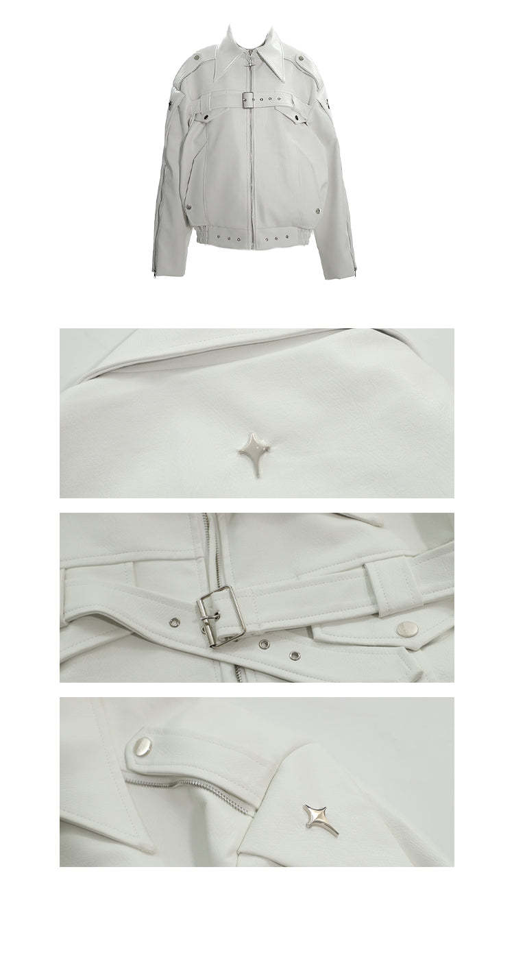 【23s August.】Minimalist Metallic Leather Jacket-IYAMIUIO