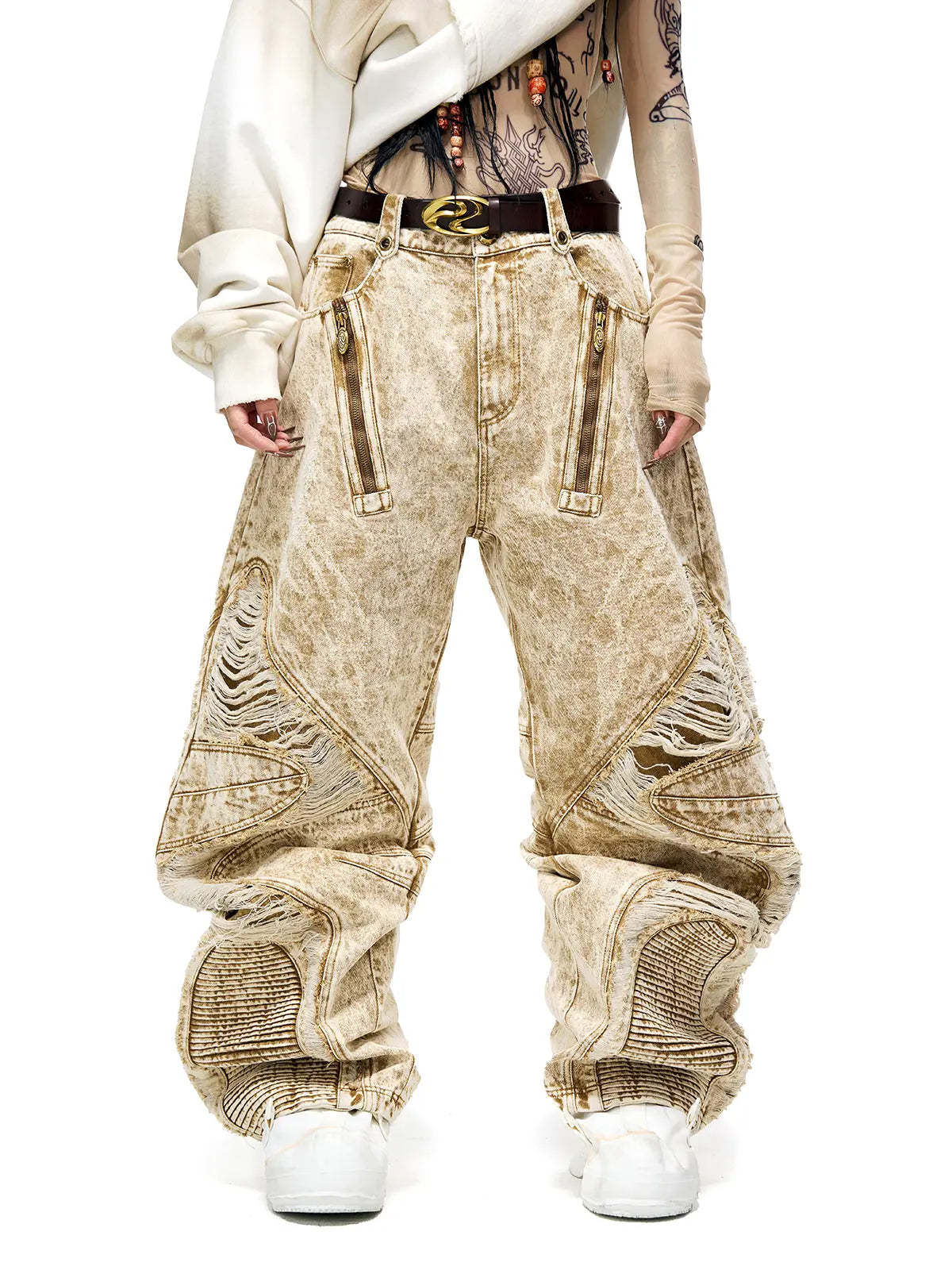 Distroyed Apricot Baggy Jeans-IYAMIUIO