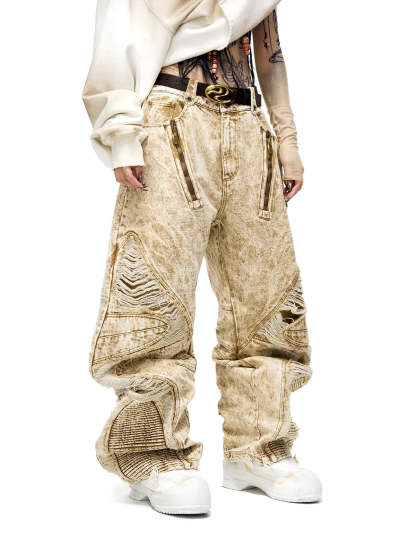 Distroyed Apricot Baggy Jeans-IYAMIUIO