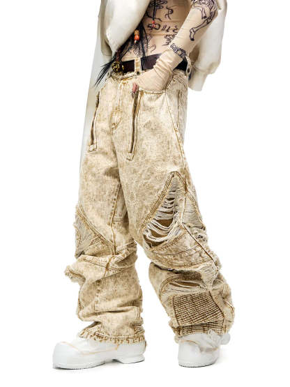 Distroyed Apricot Baggy Jeans-IYAMIUIO