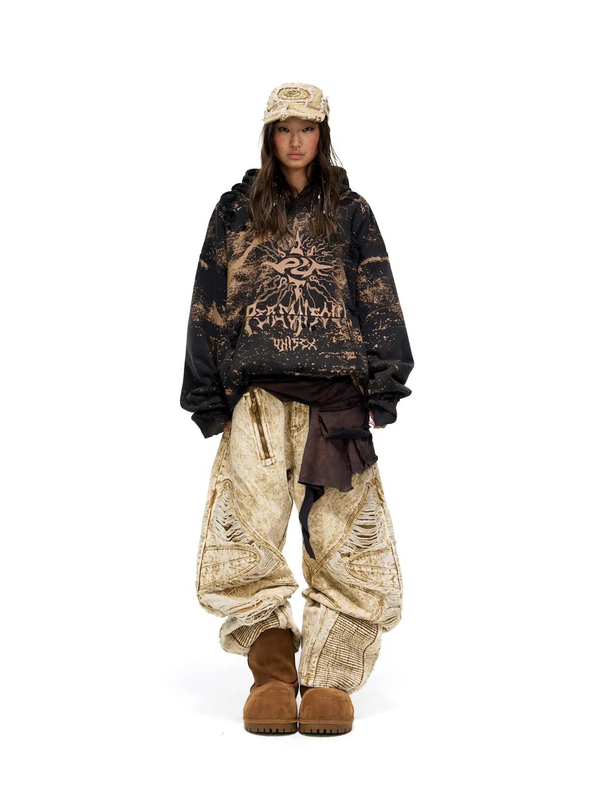 Distroyed Apricot Baggy Jeans-IYAMIUIO