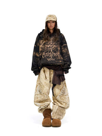 Distroyed Apricot Baggy Jeans-IYAMIUIO