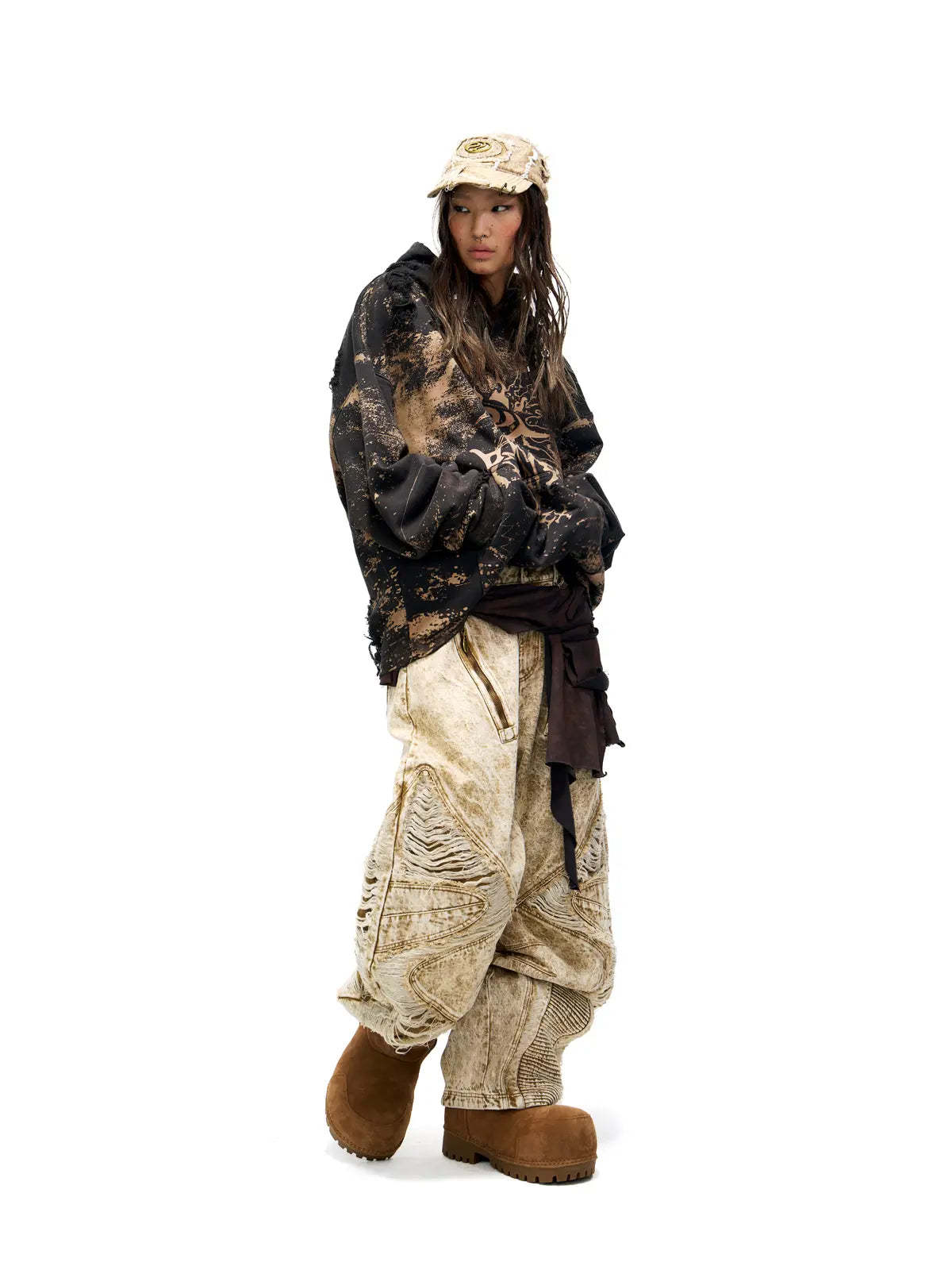 Distroyed Apricot Baggy Jeans-IYAMIUIO