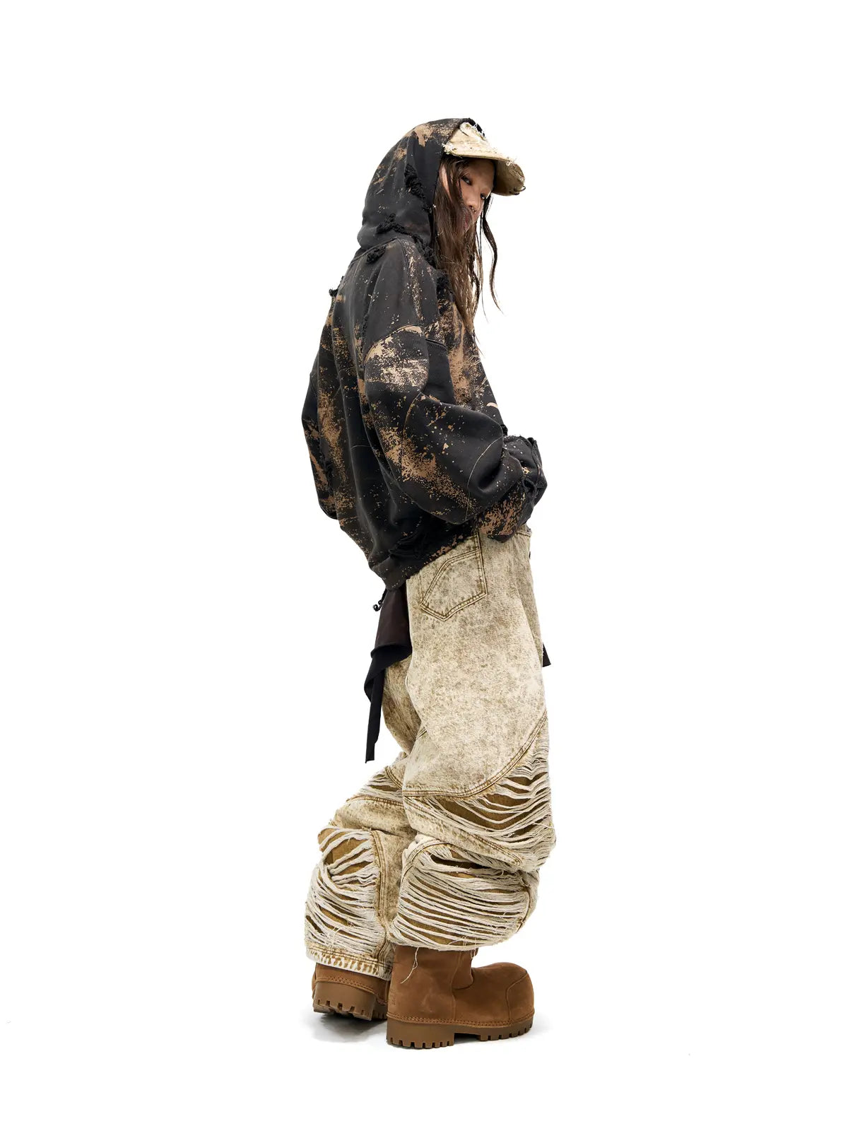 Distroyed Apricot Baggy Jeans-IYAMIUIO