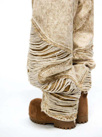 Distroyed Apricot Baggy Jeans-IYAMIUIO