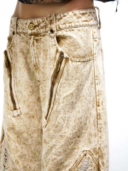 Distroyed Apricot Baggy Jeans-IYAMIUIO