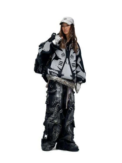 A-Line Baggy Jeans with Hardware Details-IYAMIUIO