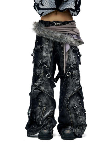 A-Line Baggy Jeans with Hardware Details-IYAMIUIO