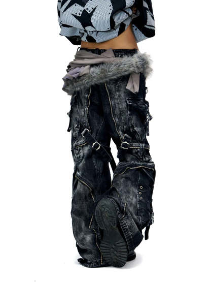 A-Line Baggy Jeans with Hardware Details-IYAMIUIO