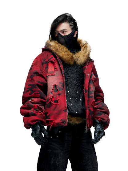 Red Camo Hoodie  Cotton Jacket-IYAMIUIO