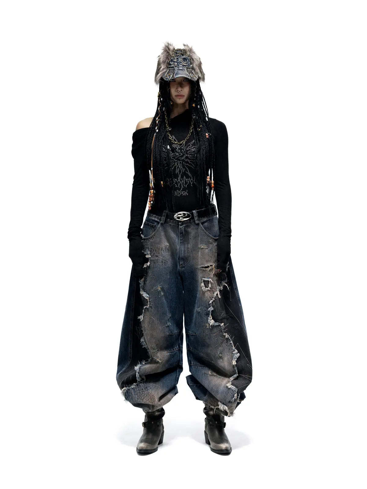 Curved Blade Denim Jeans-IYAMIUIO