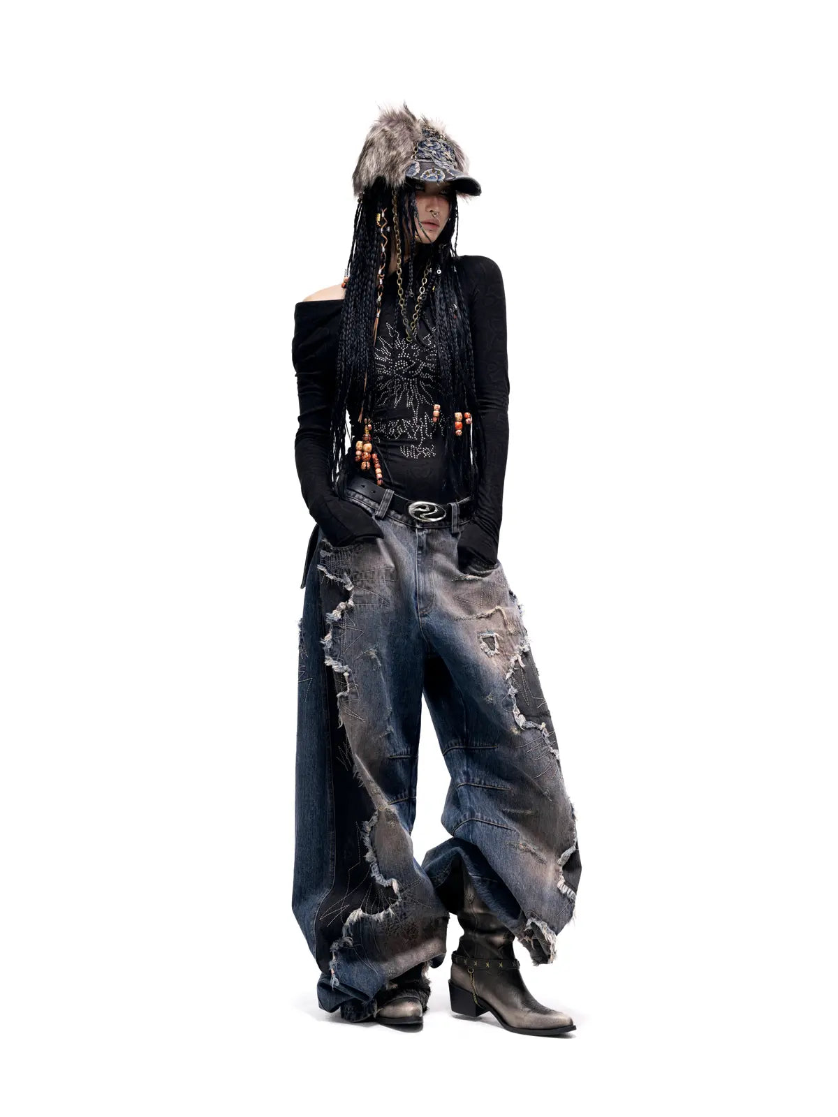 Curved Blade Denim Jeans-IYAMIUIO