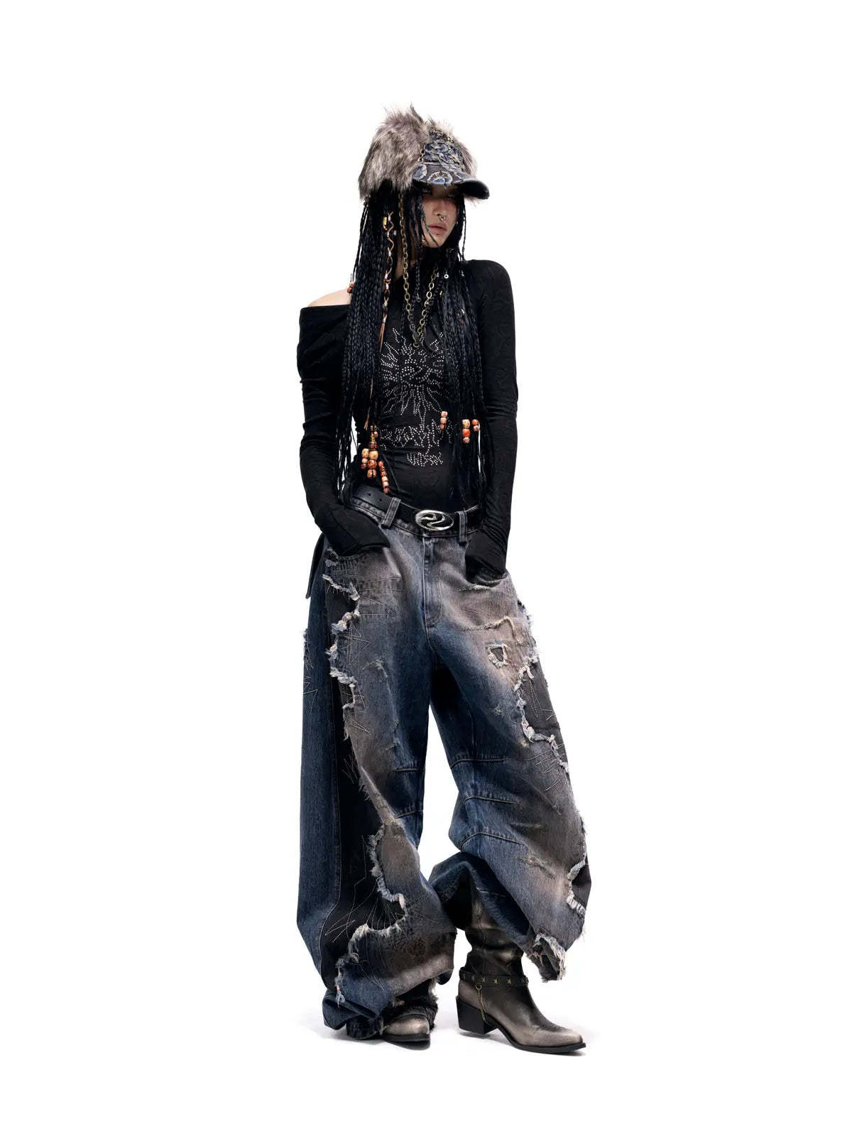 Curved Blade Denim Jeans-IYAMIUIO