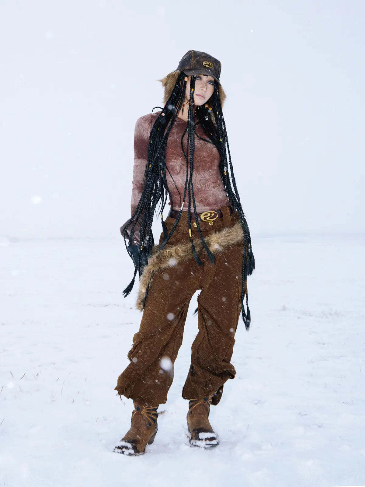 Personsoul Brown Snake Print Denim Jeans-IYAMIUIO