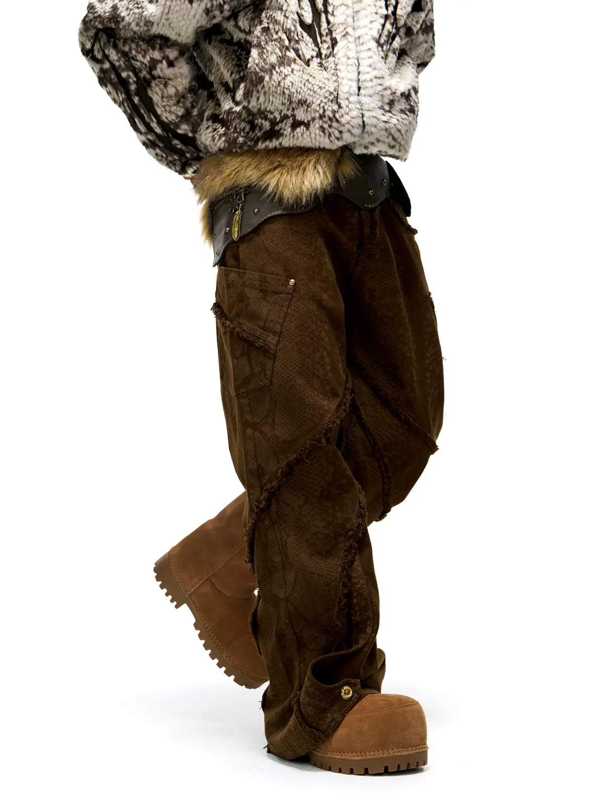 Personsoul Brown Snake Print Denim Jeans-IYAMIUIO