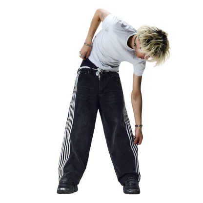 TRACK JEANS (BLACK/WHITE)-IYAMIUIO