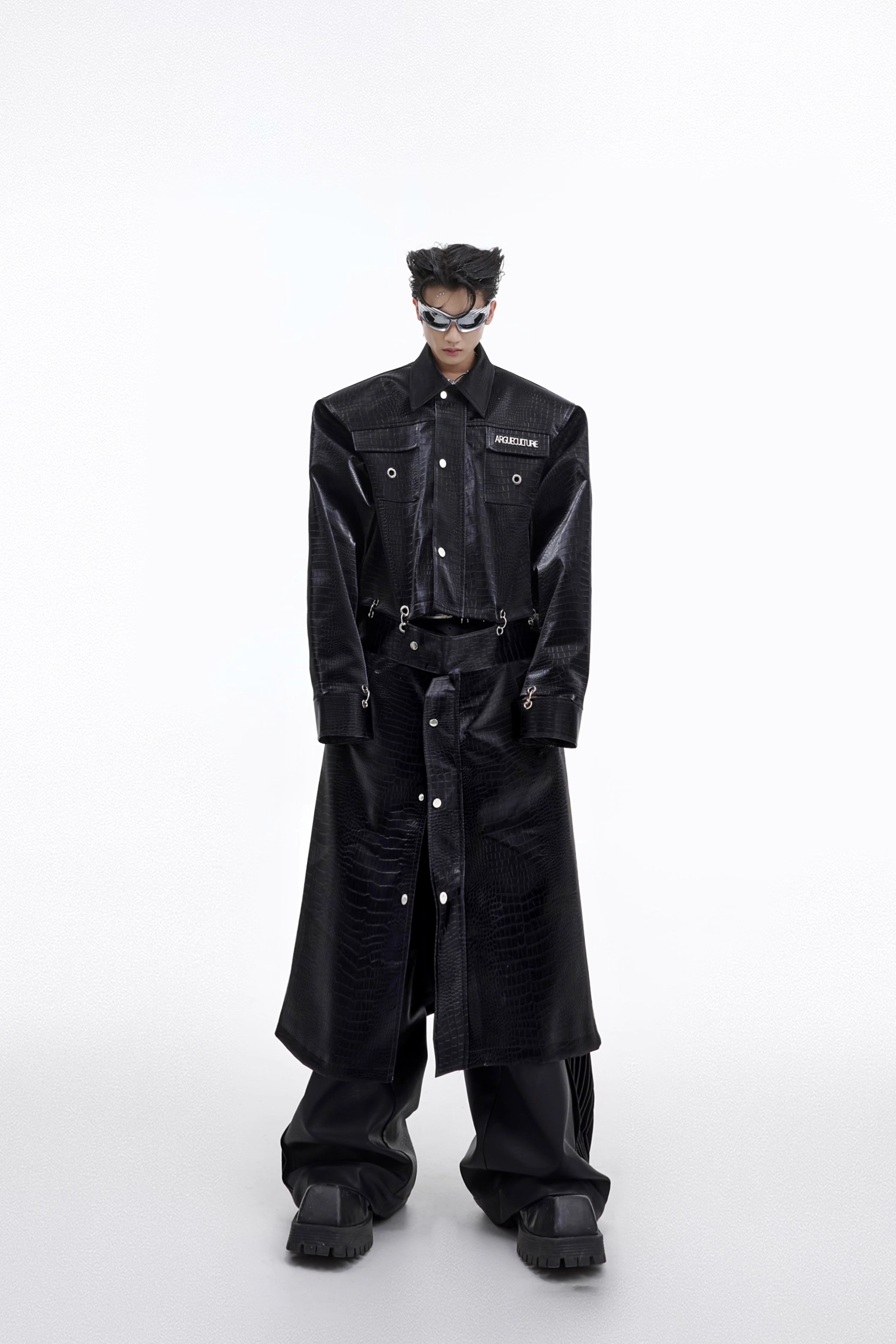 【23s September.】Crocodile-print Metal Ring Patchwork Leather Coat-IYAMIUIO