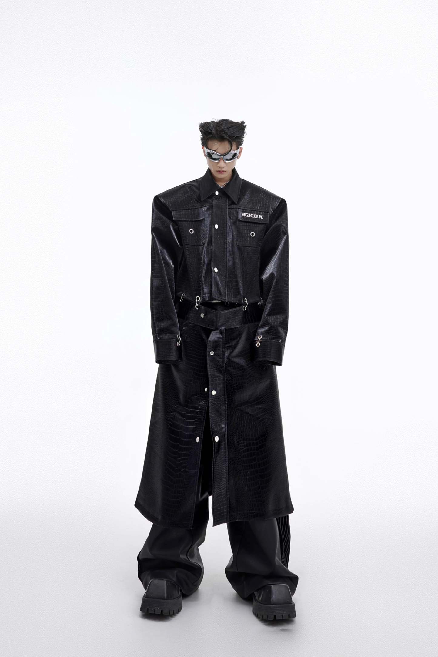 【23s September.】Crocodile-print Metal Ring Patchwork Leather Coat-IYAMIUIO