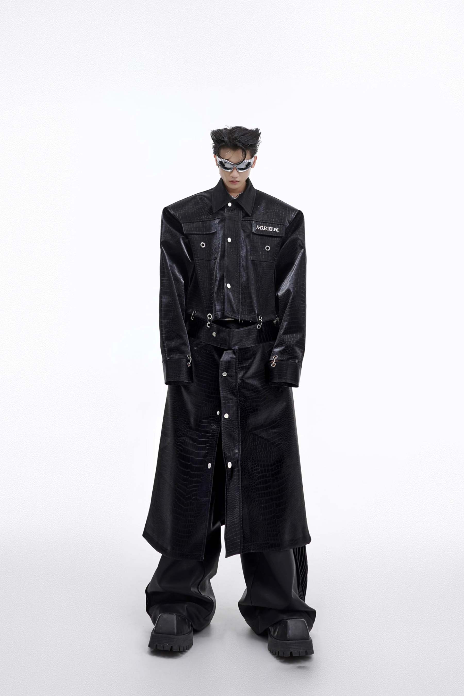 【23s September.】Crocodile-print Metal Ring Patchwork Leather Coat-IYAMIUIO