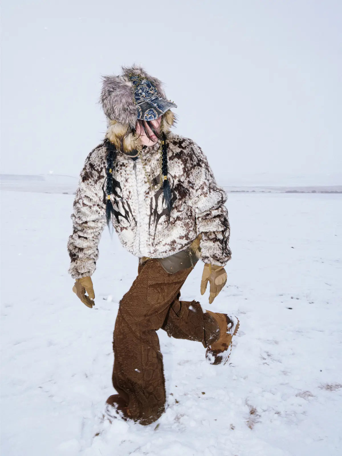 Personsoul Snake Print Faux Fur Jacket-IYAMIUIO