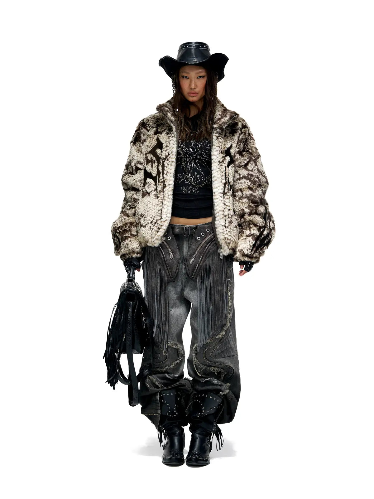 Personsoul Snake Print Faux Fur Jacket-IYAMIUIO