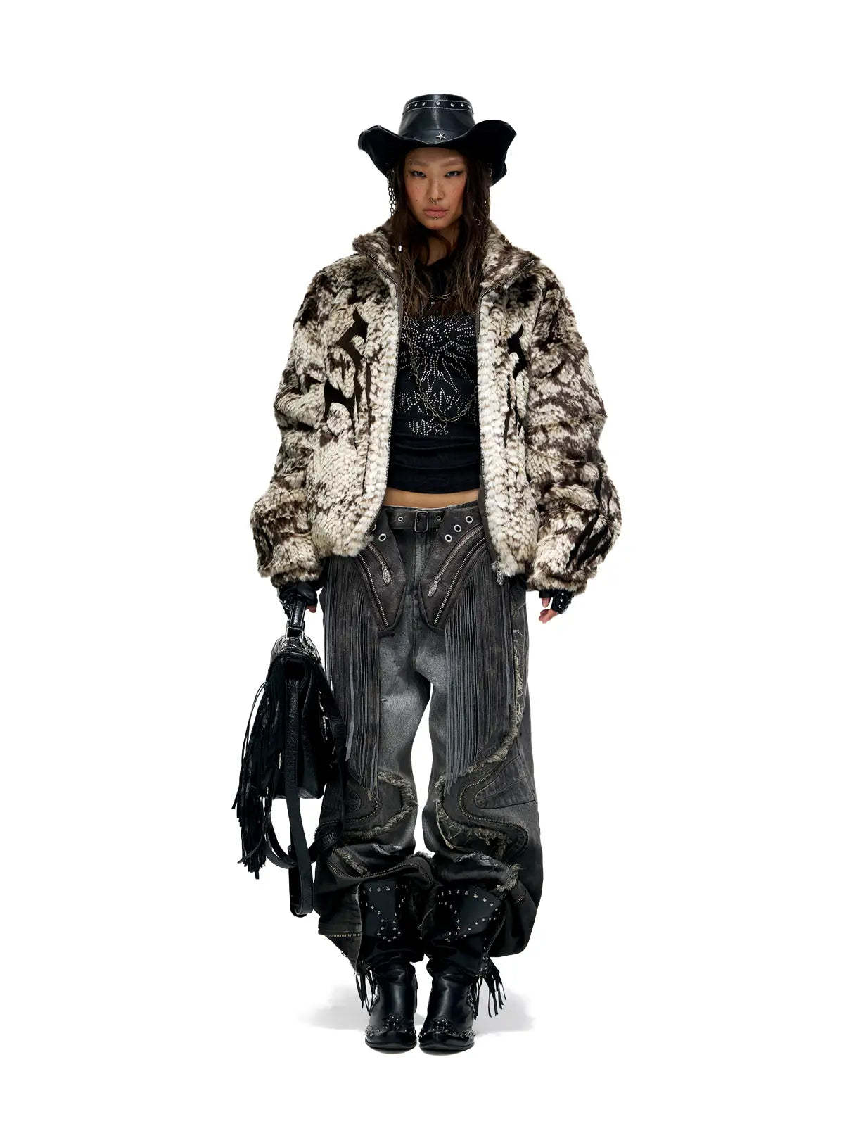 Personsoul Snake Print Faux Fur Jacket-IYAMIUIO