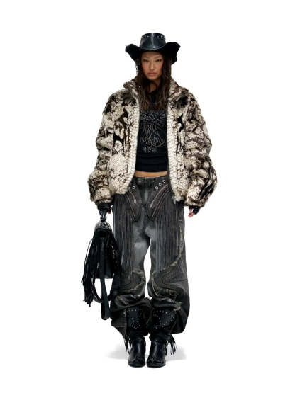 Personsoul Snake Print Faux Fur Jacket-IYAMIUIO