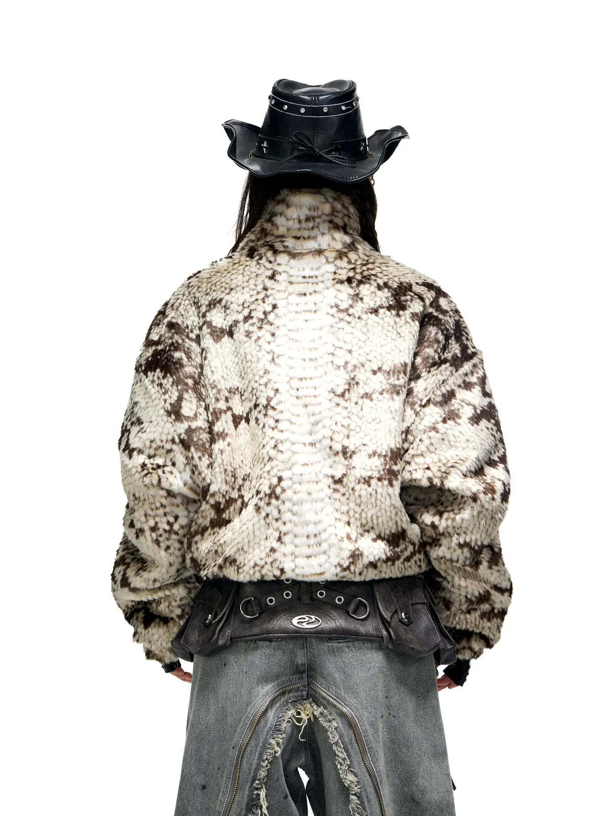 Personsoul Snake Print Faux Fur Jacket-IYAMIUIO