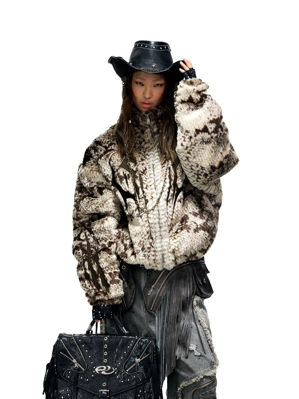 Personsoul Snake Print Faux Fur Jacket-IYAMIUIO
