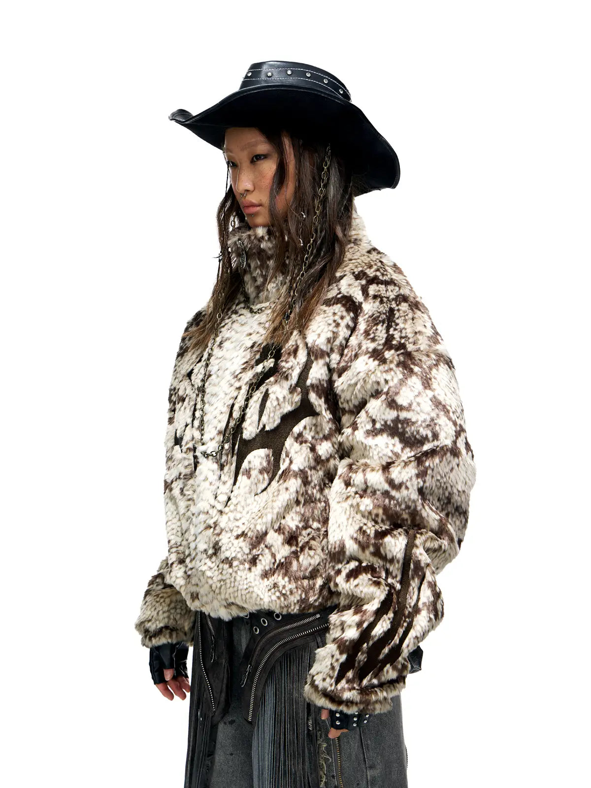 Personsoul Snake Print Faux Fur Jacket-IYAMIUIO