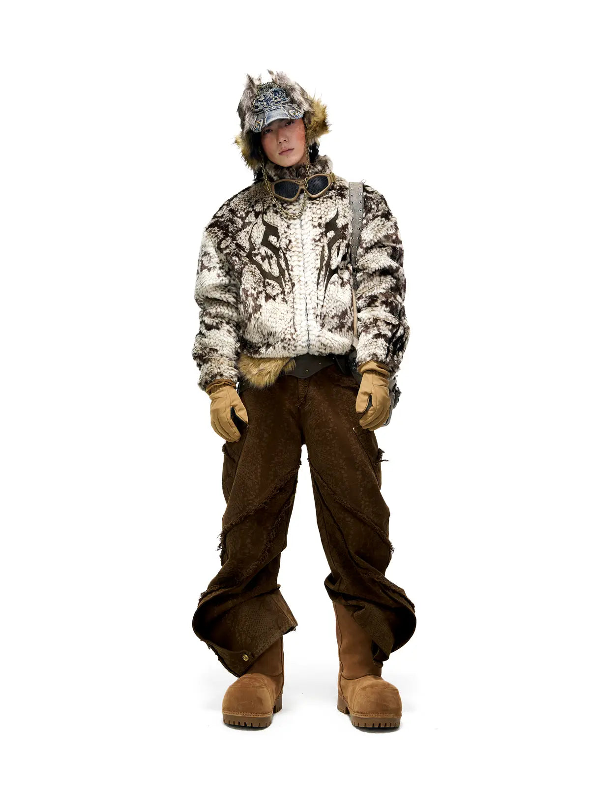 Personsoul Snake Print Faux Fur Jacket-IYAMIUIO