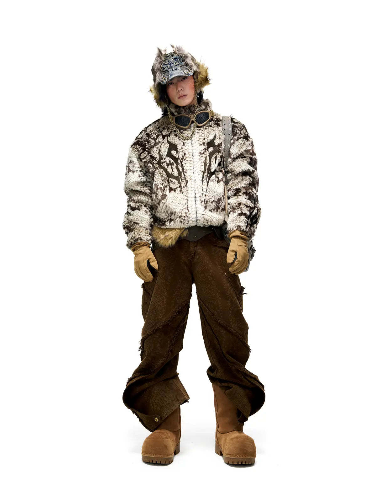 Personsoul Snake Print Faux Fur Jacket-IYAMIUIO