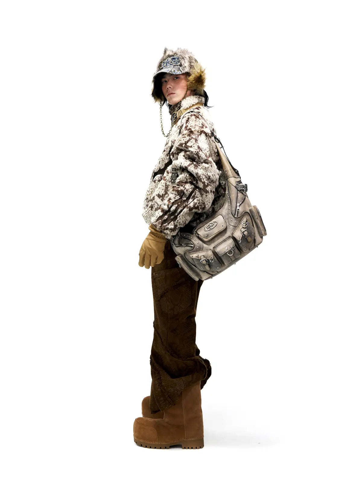 Personsoul Snake Print Faux Fur Jacket-IYAMIUIO