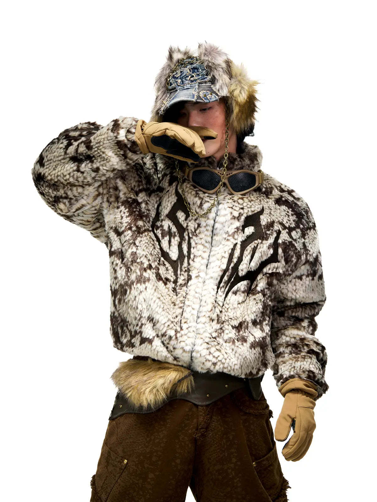 Personsoul Snake Print Faux Fur Jacket-IYAMIUIO