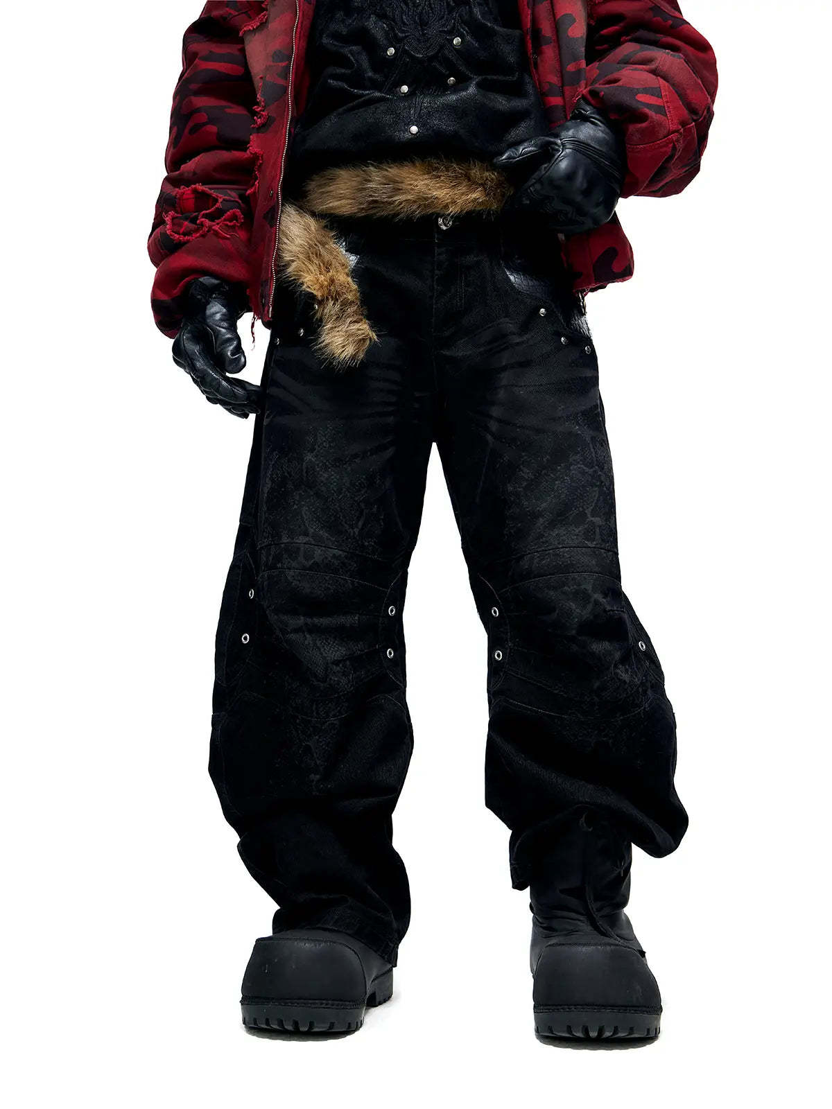 Personsoul Snake Texture Black Jeans-IYAMIUIO