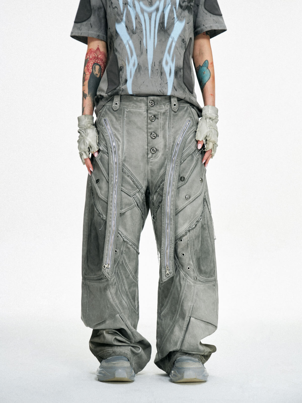 Personsoul Split Deconstructed Gray Cargo Pants-IYAMIUIO