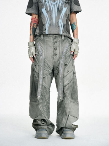 Personsoul Split Deconstructed Gray Cargo Pants-IYAMIUIO