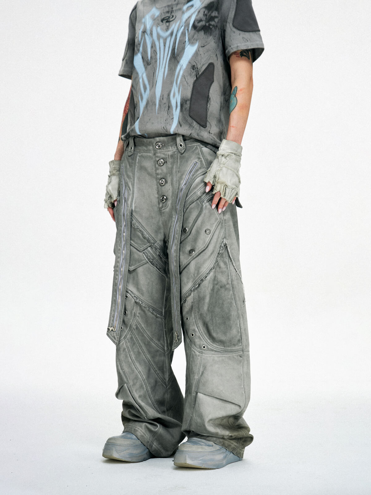 Personsoul Split Deconstructed Gray Cargo Pants-IYAMIUIO