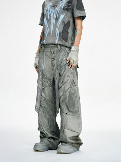 Personsoul Split Deconstructed Gray Cargo Pants-IYAMIUIO