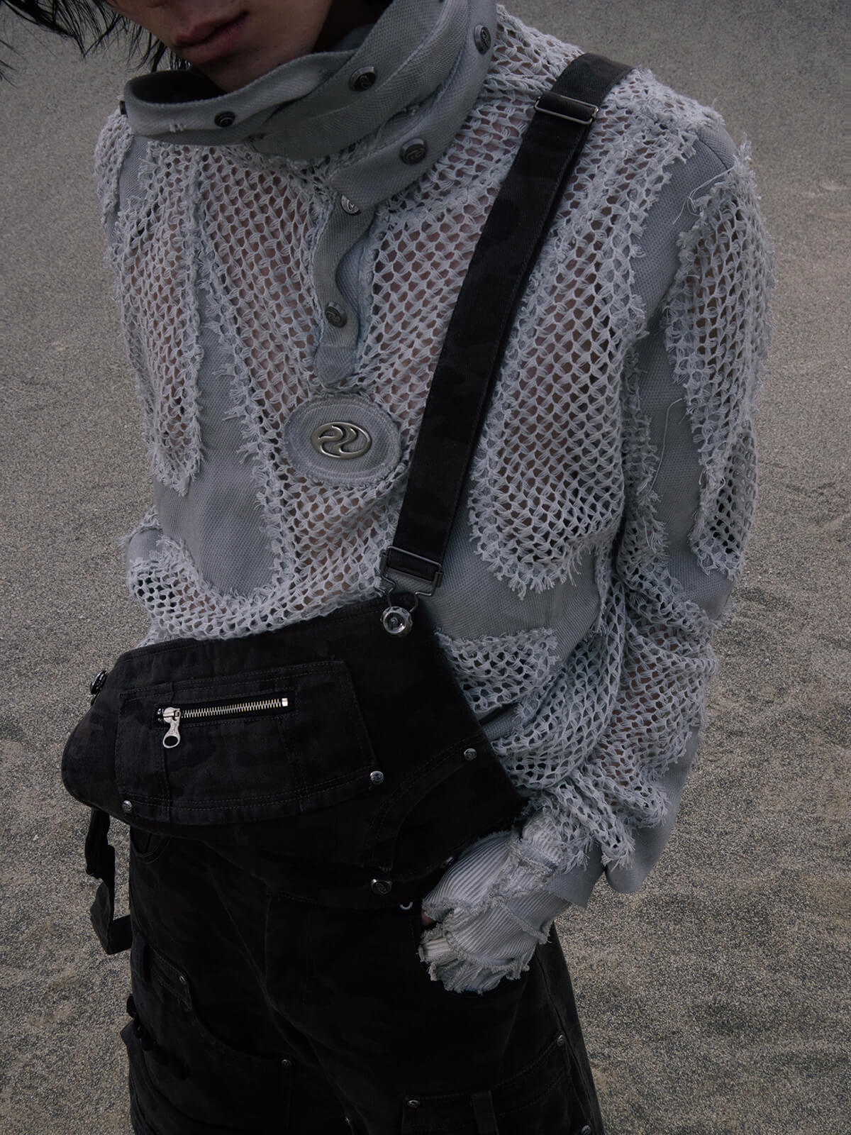 Personsoul Split Mesh Hooded Long Sleeves Top-IYAMIUIO