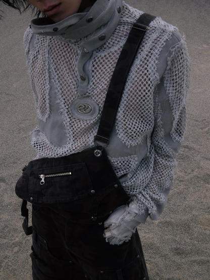 Personsoul Split Mesh Hooded Long Sleeves Top-IYAMIUIO