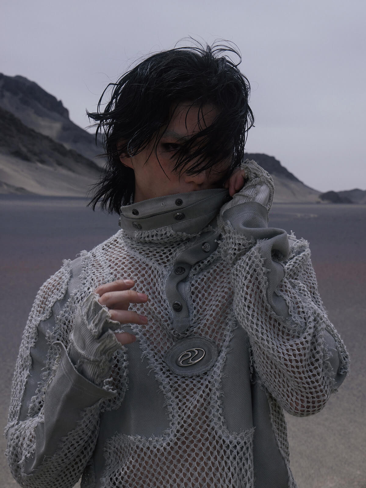 Personsoul Split Mesh Hooded Long Sleeves Top-IYAMIUIO