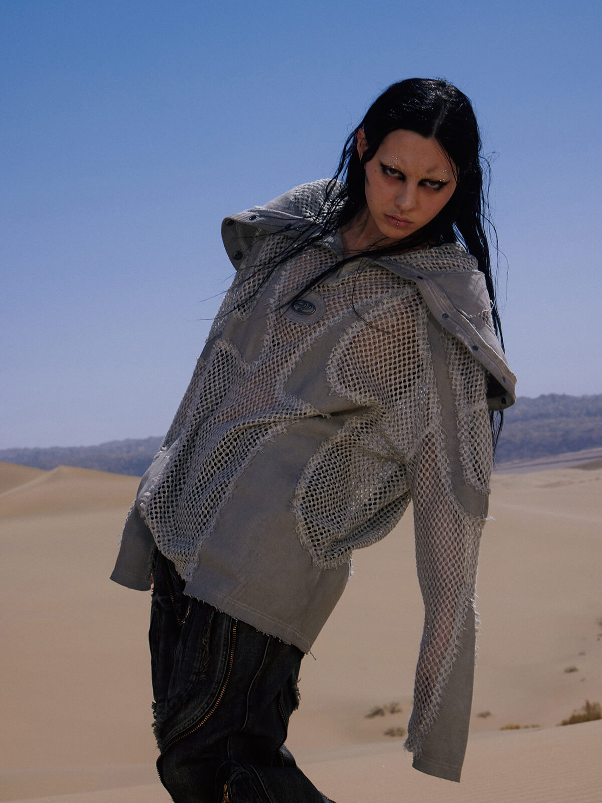 Personsoul Split Mesh Hooded Long Sleeves Top-IYAMIUIO