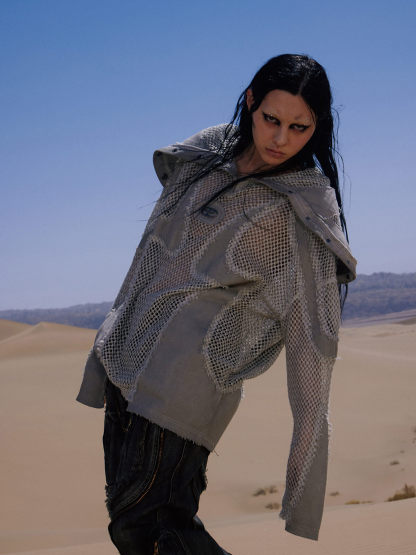 Personsoul Split Mesh Hooded Long Sleeves Top-IYAMIUIO